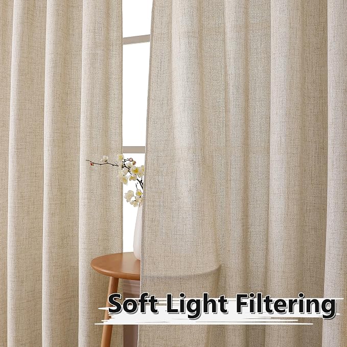 Tollpiz Linen Curtain Living Room Rod Pocket Semi Sheer Curtains Burlap Light - Image 2