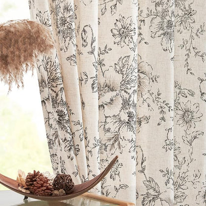 jinchan Black Floral Linen Curtains 120 Inch Farmhouse Back Tab 2 Panels | by JINCHAN