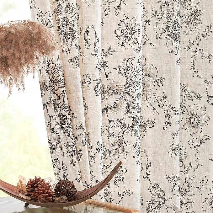 jinchan Black Floral Linen Curtains 63 Inch Farmhouse Back Tab 2 Panels | Light - Image 8