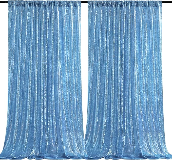 Baby Blue Sequin Backdrop Curtains 2 Pcs 5ftx8ft Sparkle Backdrop Drapes | by B-COOL
