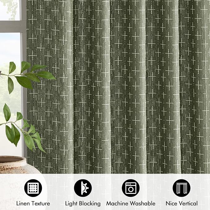 MIULEE Patterned Farmhouse Linen Curtains, Back Tab, Olive Green | Linen - Image 4