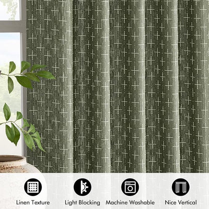 MIULEE Patterned Farmhouse Linen Curtains, Back Tab, Olive Green | Linen - Image 4