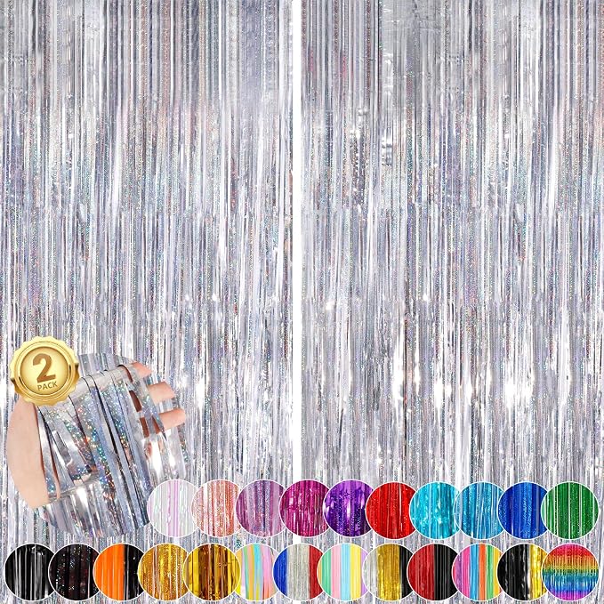 Silver Party Streamers 2Pack Metallic Tinsel Foil Fringe Curtains 3.3X 8.3ft by UWPVOWSR