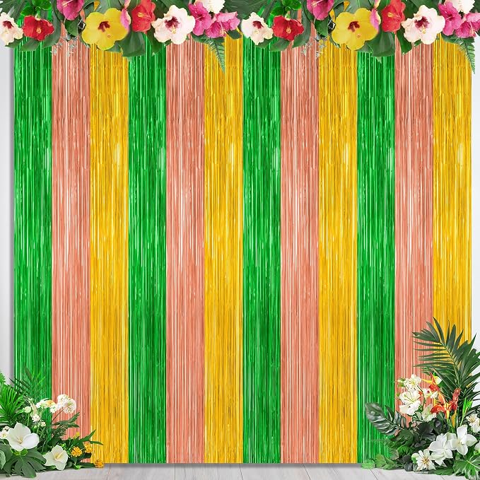 ZATAYE 4 Pack Green Brown Yellow Hawaiian Luau Foil Curtain Decorations | Green by ZATAYE