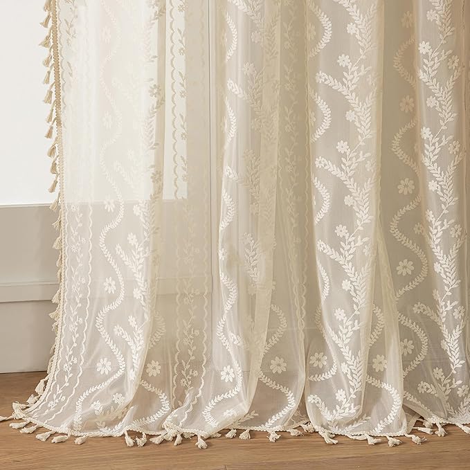 WAZZIO Boho Lace Curtains 2 Panels 84 Inches Long-Cute Vintage Victorian Sheer by WAZZIO