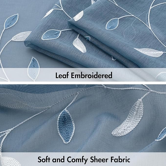 MIULEE Stone Blue Sheer Curtains 2 Panels Leaf Patterned, W52 x L96 | - Image 4
