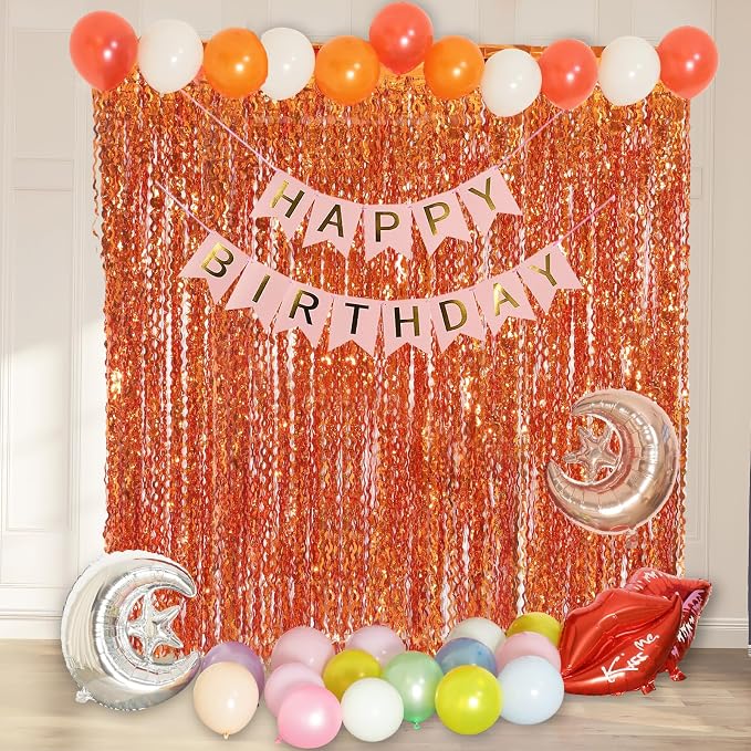 4 Pack Orange Wavy Metallic Tinsel Foil Fringe Curtains | 3.3 ft x 6.6 ft Party - Image 6