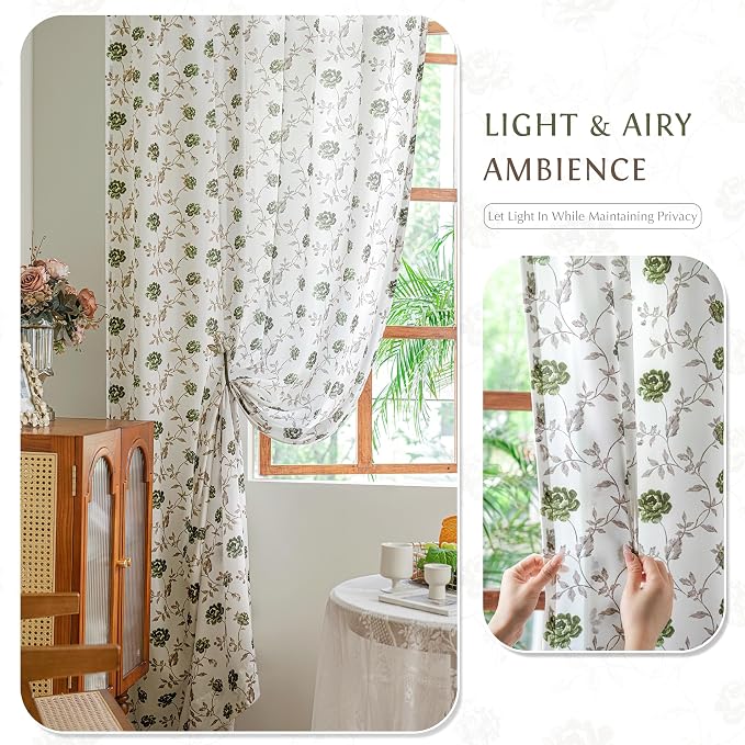 Beauoop Floral Sheer Curtains for Bedroom Green Brown 52x96 2 Panels | Semi - Image 3