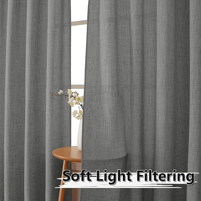 Tollpiz Short Linen Curtain Bedroom Rod Pocket Semi Sheer Curtains Burlap Light - Image 2