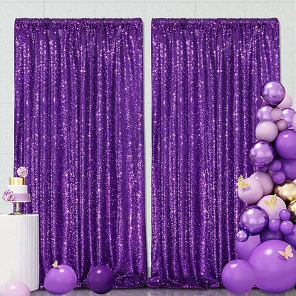Purple Sequin Backdrop 2 Pcs 5FTx10FT Wedding Glitter Curtain Backdrop Arch - Image 3