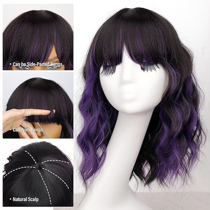 Nnzes Short Wavy Bob Wig with Bangs for Women Shoulder Length Curly Dark Brown with Purple Synthetic Heat-Resistant Fiber Hair for Daily & Party Use