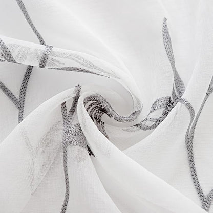 Sheer Kitchen Cafe Curtains Embroidered Leaf Pattern Grey 54x16 | Light - Image 4