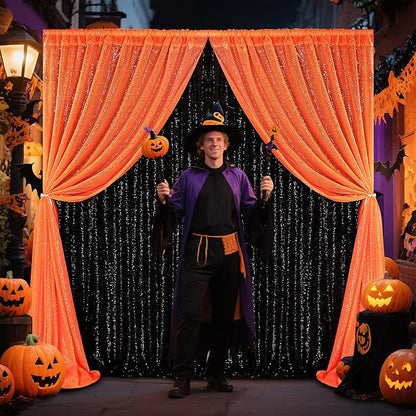 Orange Party Decor Sequin Curtains 4Pcs 2FTx8FT Halloween Photo Backdrop - Image 7