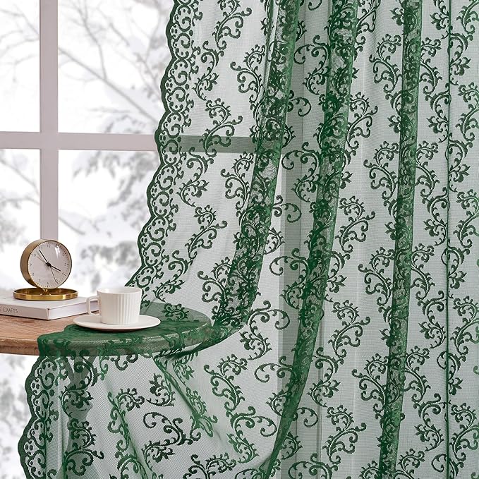 Dark Green Lace Curtains 96 Inches Long 2 Panels - Image 3