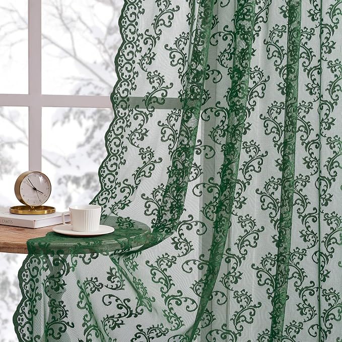 Dark Green Lace Curtains 84 Inches Long 2 Panels Country Vintage Sheer Lace by FOLKSIDEHomeDecoration
