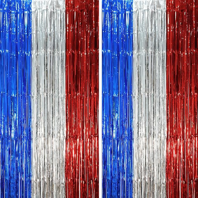 Voircoloria Blue Red Silver Foil Fringe Backdrop Curtains, 2 Pack | Tinsel by Voircoloria