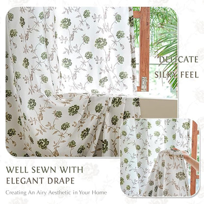 Beauoop Floral Sheer Curtains for Bedroom Green Brown 52x96 2 Panels | Semi - Image 4