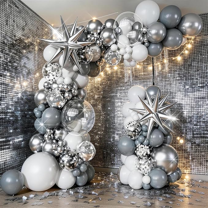 White Silver Balloons Garland Arch Kit, Confetti Silver Explosion Star 4D Foil - Image 4