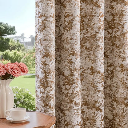 Beauoop Brown Floral Jacquard Blackout Curtains by Beauoop