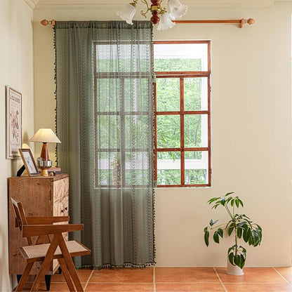 Sutuo Home Olive Green Boho Curtains 90 inches, Crochet Lace Sheer Bohemian - Image 9