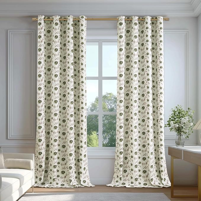 Beauoop Floral 100% Blackout Curtains Bedroom Green Brown 52x90 2 Panels | Rose - Image 4