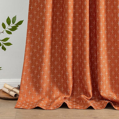 MIULEE Patterned Farmhouse Linen Curtains, Back Tab, Burnt Orange | Linen - Image 6