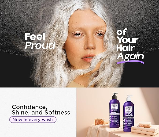 Silver Shine Sulfate Free Brass Toning Purple Shampoo and Conditioner Set for Gray, Blonde & White Hair – Neutralizes Brass, Enhances Shine, Supports Cool Tone, Made in USA, 16 fl oz