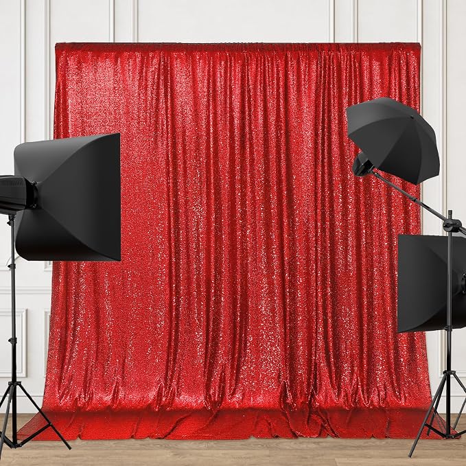 PartyDelight Red Sequin Backdrop 6x8ft Sparkly Photo Curtain | 4 Inch Rod - Image 2