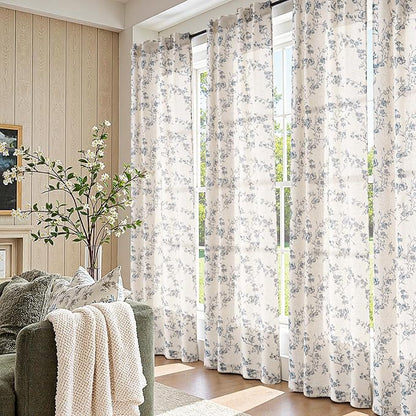 jinchan Blue Floral Linen Curtains 90 Inch Country Drapes Back Tab 2 Panels | - Image 5
