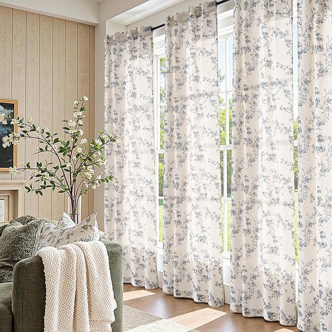 jinchan Blue Floral Linen Curtains 84 Inch Country Drapes Back Tab 2 Panels | - Image 5