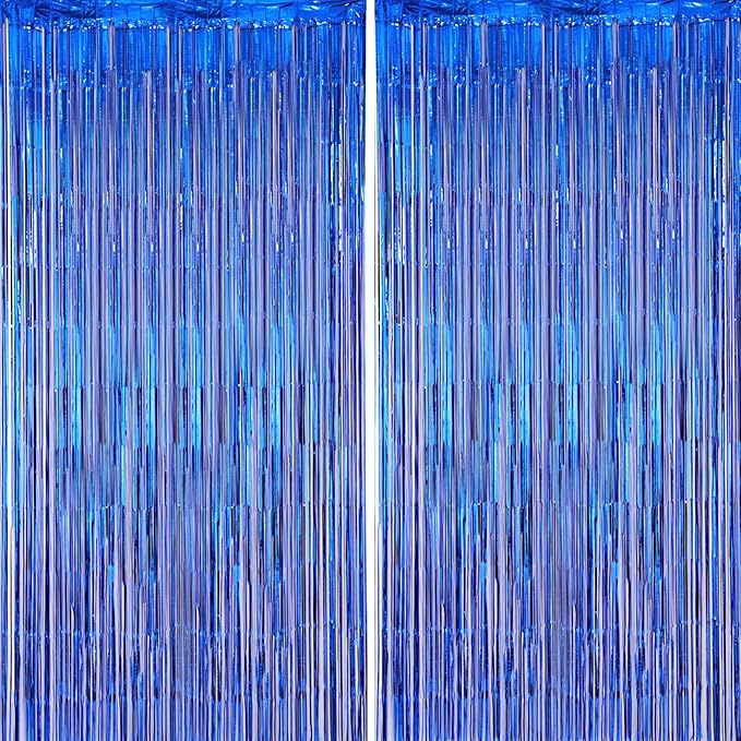 Voircoloria Blue Foil Fringe Backdrop Curtains, 2 Pack | Tinsel Streamers by Voircoloria