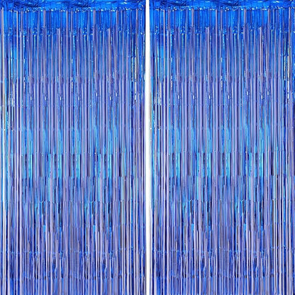 Voircoloria Blue Foil Fringe Backdrop Curtains, 2 Pack | Tinsel Streamers by Voircoloria