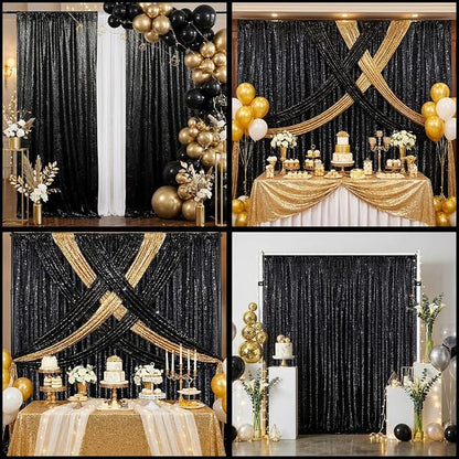 Black Sequin Backdrop Curtains 4 Pcs 2ftx8ft Glitter Shimmer Fabric | Sparkly - Image 2