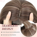 CROWN GUIDE 12 Inch Hair Toppers for Women with Thinning Hair - Synthetic Clip in Topper with Bangs Breathable Hairpiece 6.5x6.5 Base, Volume Wiglets Full Coverage (Dark Golden Brown Highlight)