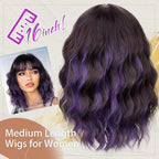 Nnzes Short Wavy Bob Wig with Bangs for Women Shoulder Length Curly Dark Brown with Purple Synthetic Heat-Resistant Fiber Hair for Daily & Party Use