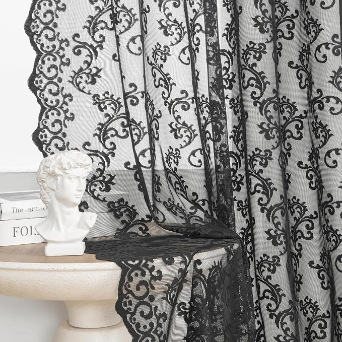 Black Lace Curtains 63 Inch Length 2 Panels set Gothic Paisley Sheer Curtains by FOLKSIDEHomeDecoration