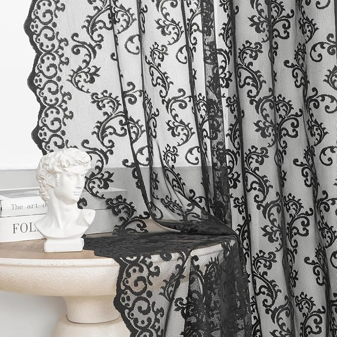 Black Lace Curtains 84 Inches Long 2 Panels Vintage Paisley Floral Sheer by FOLKSIDEHomeDecoration