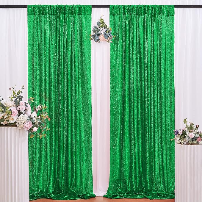 Green Sequin Backdrop Curtains Party Photo Glitter Drapes 2 Pcs 2FTx8FT | - Image 5