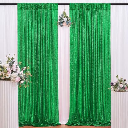 Green Sequin Backdrop Curtains Party Photo Glitter Drapes 2 Pcs 2FTx8FT | - Image 5