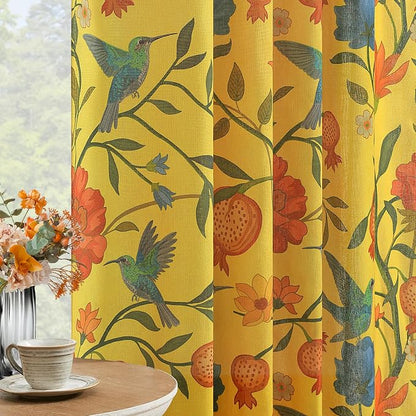 Mustard Yellow Floral Linen Curtains, Boho Whimsical Bird Print Curtains - Image 2