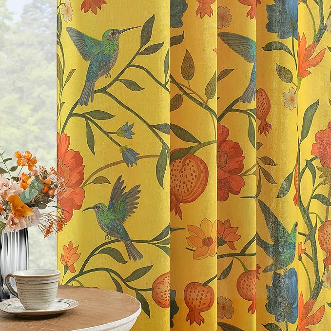 Mustard Yellow Floral Linen Curtains, Boho Whimsical Bird Print Curtains by JOOJA