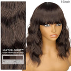 Nnzes Short Wavy Bob Wig with Bangs for Women Shoulder Length Curly Soft Coffee Brown Synthetic Heat-Resistant Fiber Hair for Daily & Party Use
