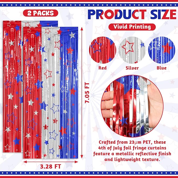 ZATAYE 2 Pack Red Silver Blue Foil Curtain Streamer Decorations | Red Silver - Image 2