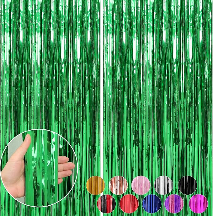Crosize 2 Pack Green Party Streamers Backdrop, 3.3 x 9.9 ft | Tinsel Foil by Crosize