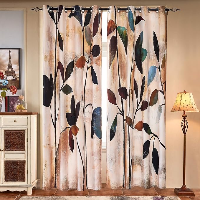 SUBRTEX Boho Leaf Printed Curtains 84 inch Long 2 Panels, Room Darkening - Image 5