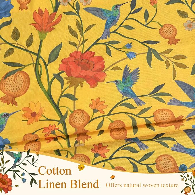 Mustard Yellow Floral Linen Curtains, Boho Whimsical Bird Print Curtains - Image 5