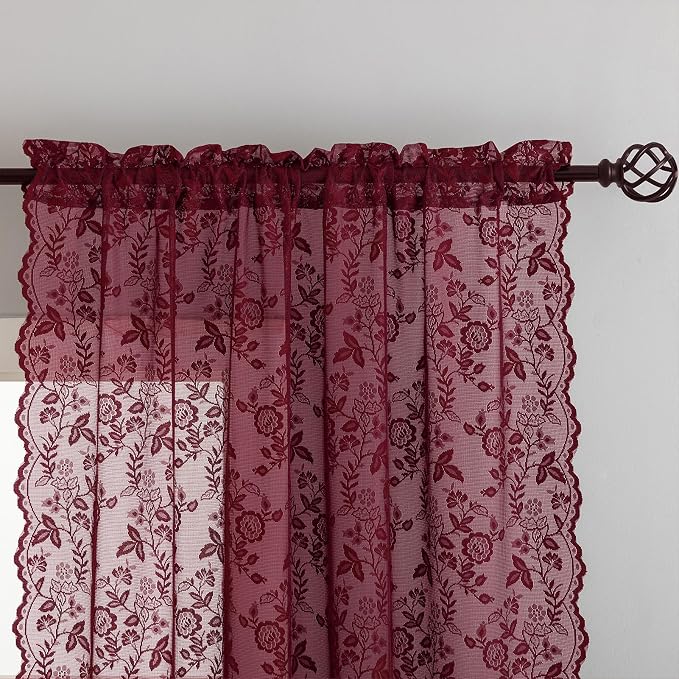 FINECITY Burgundy Lace Curtains Rustic Leaf Floral 42 x 84 Inch, 2 Panels | Rod - Image 3