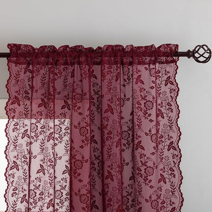 FINECITY Burgundy Lace Curtains Rustic Leaf Floral 42 x 84 Inch, 2 Panels | Rod - Image 3