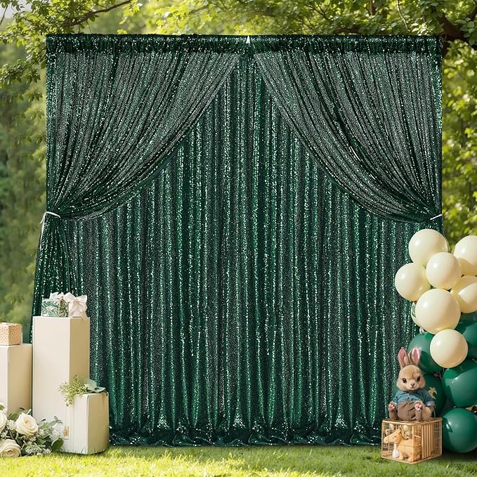 Green Sequin Backdrop Curtains 4 Pcs 2ftx8ft Glitter Shimmer Fabric | Sparkly - Image 4