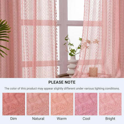 WAZZIO Boho Lace Curtains 84 Inches 2 Panel, Light Filtering Privacy Tassel & - Image 8